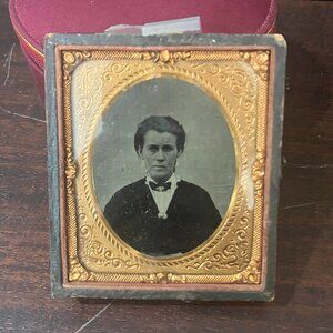 Antique 1850s-60s Victorian Framed Tintype Photo Woman Ara A. Scoggins Ohio